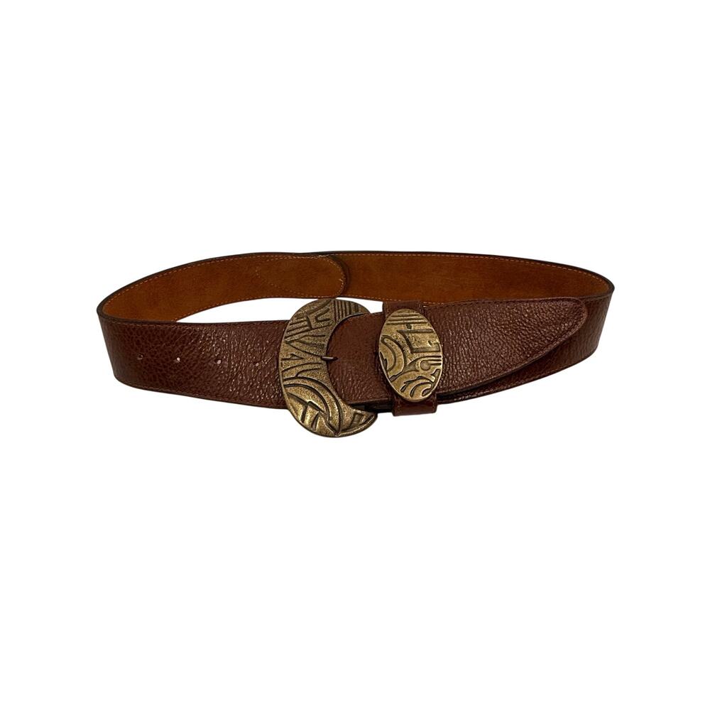 Kim White Belt Signed Chunky Brass Oval Buckle Pebbled Brown Leather Women’s